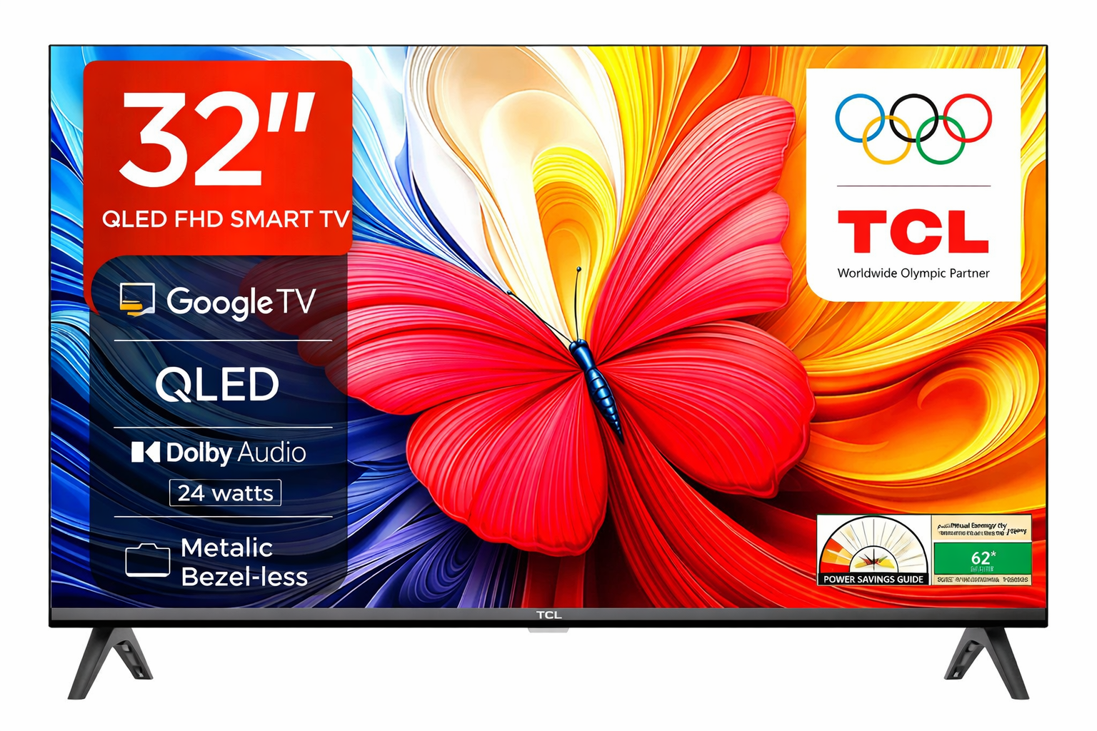 TCL 32-Inch QLED Full HD Smart TV showing slim design, vibrant display, and smart features for immersive home entertainment.