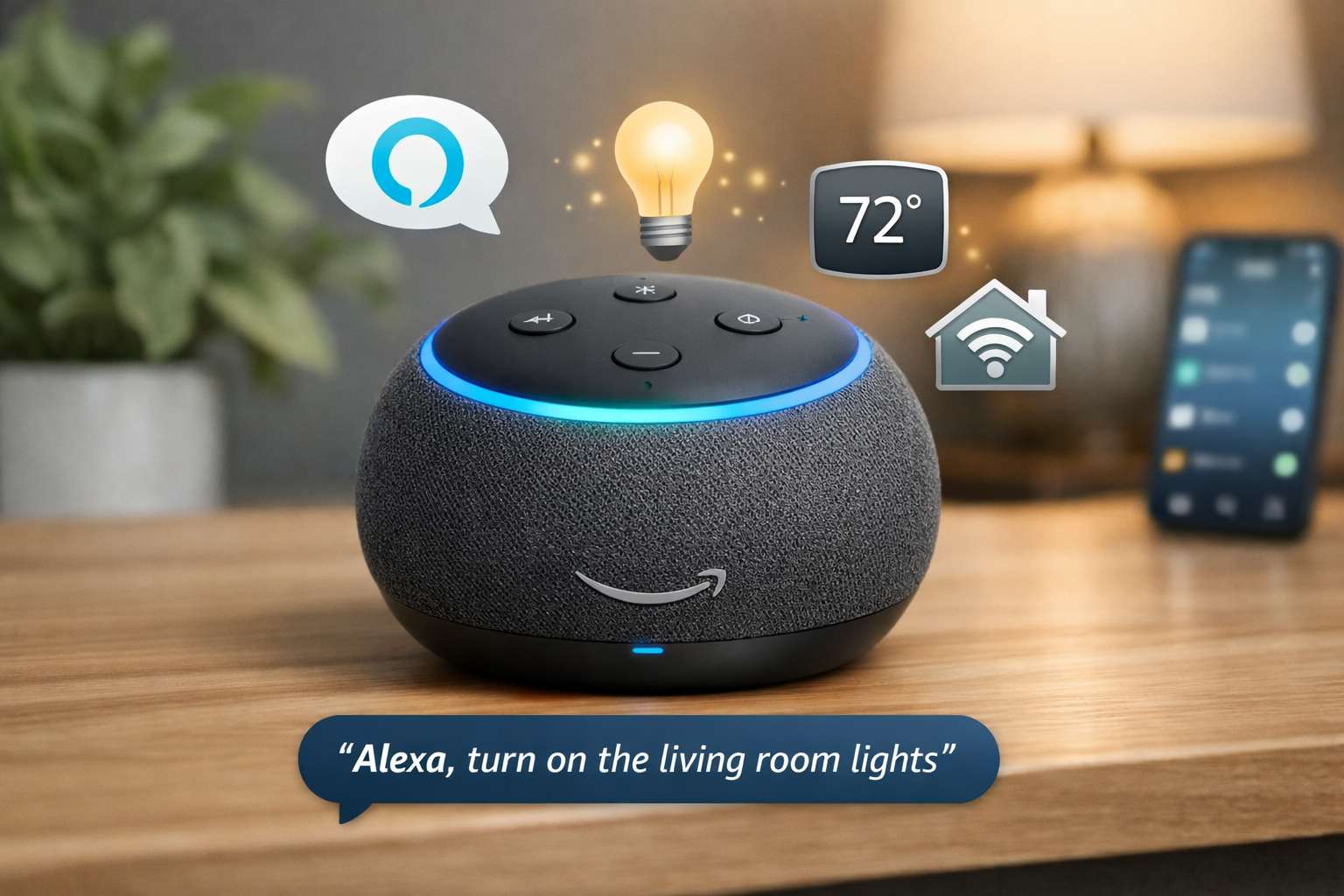 Amazon Echo Dot smart speaker with Alexa voice control, compact round design with fabric finish and LED light ring, placed on a modern home table for smart home integration