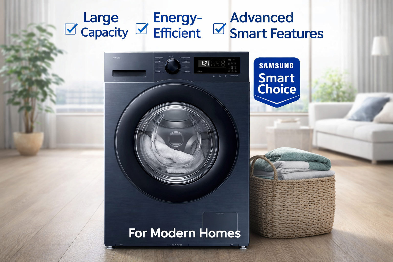 Samsung Smart Choice Front Load Washing Machine with large capacity, digital control panel, and sleek modern design for home laundry.