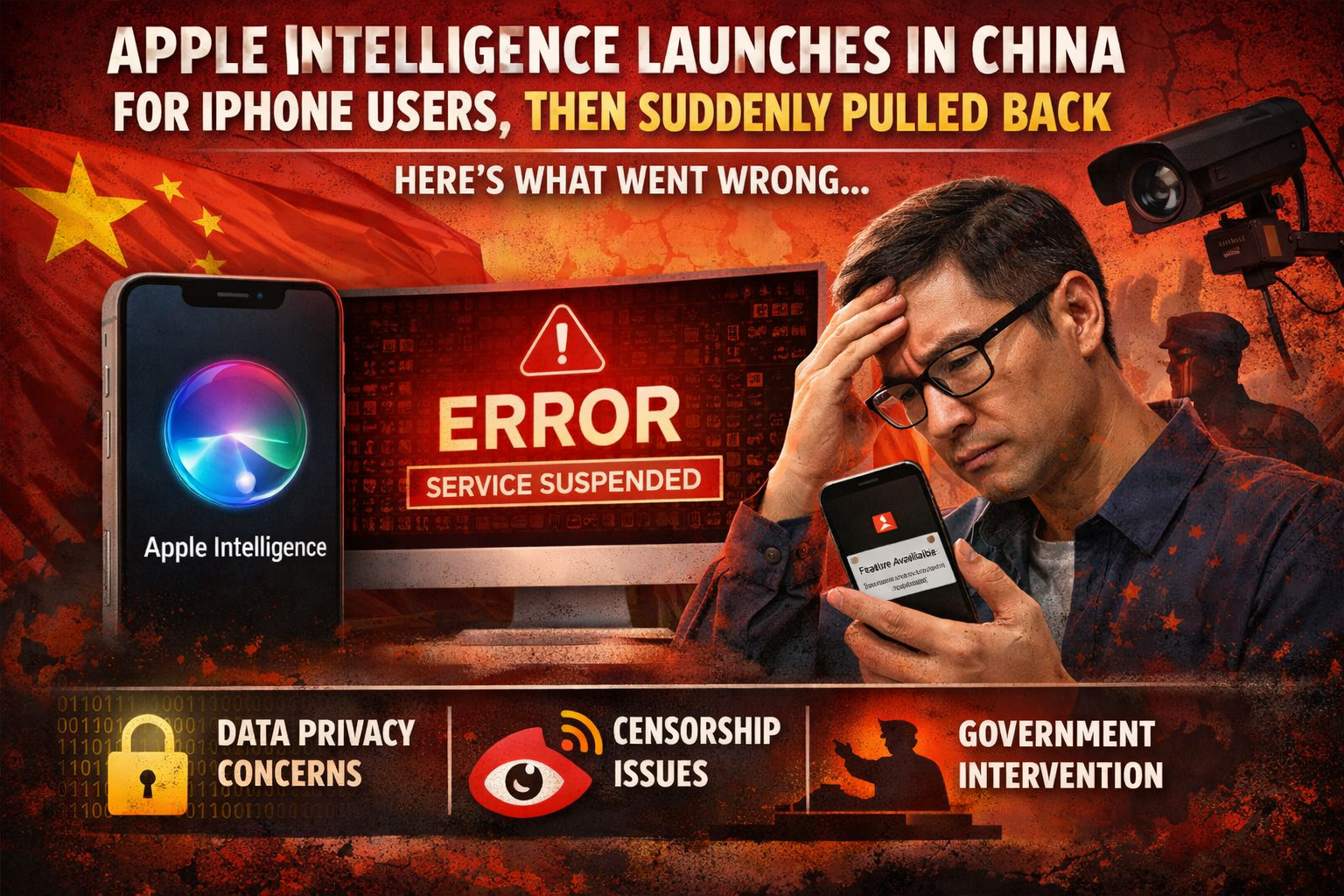 iPhone displaying Apple Intelligence AI feature with a “Not Available in China” notice, highlighting Apple’s temporary pullback of the AI service.