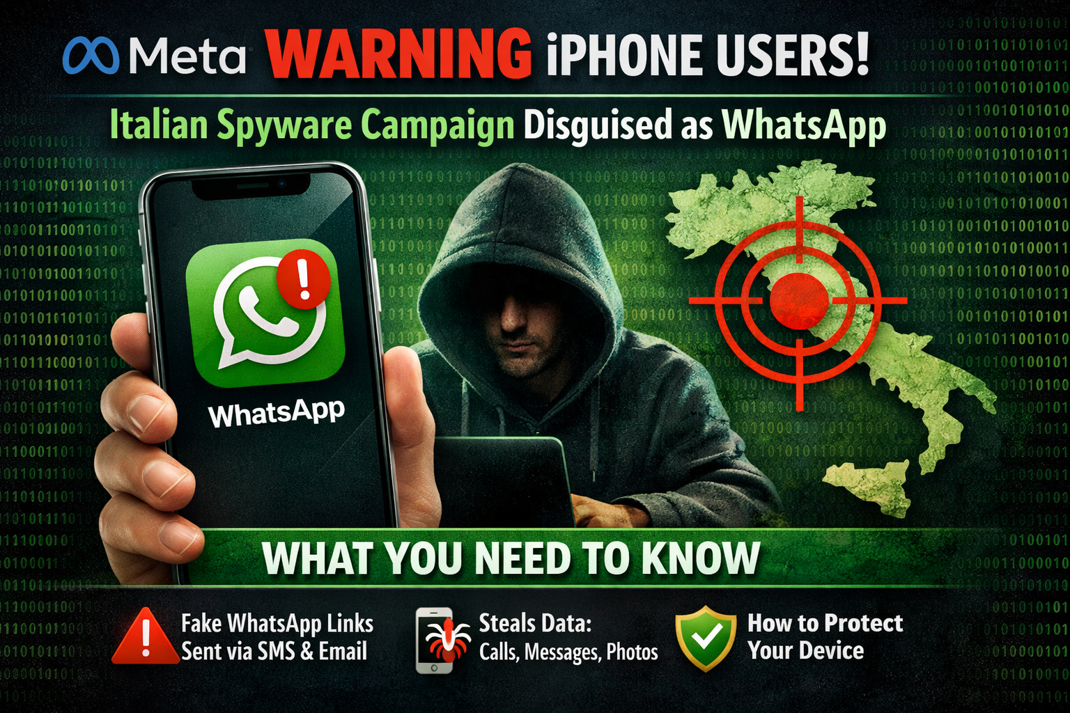 iPhone screen showing a fake WhatsApp app with a warning about spyware, illustrating Meta’s alert to users in Italy