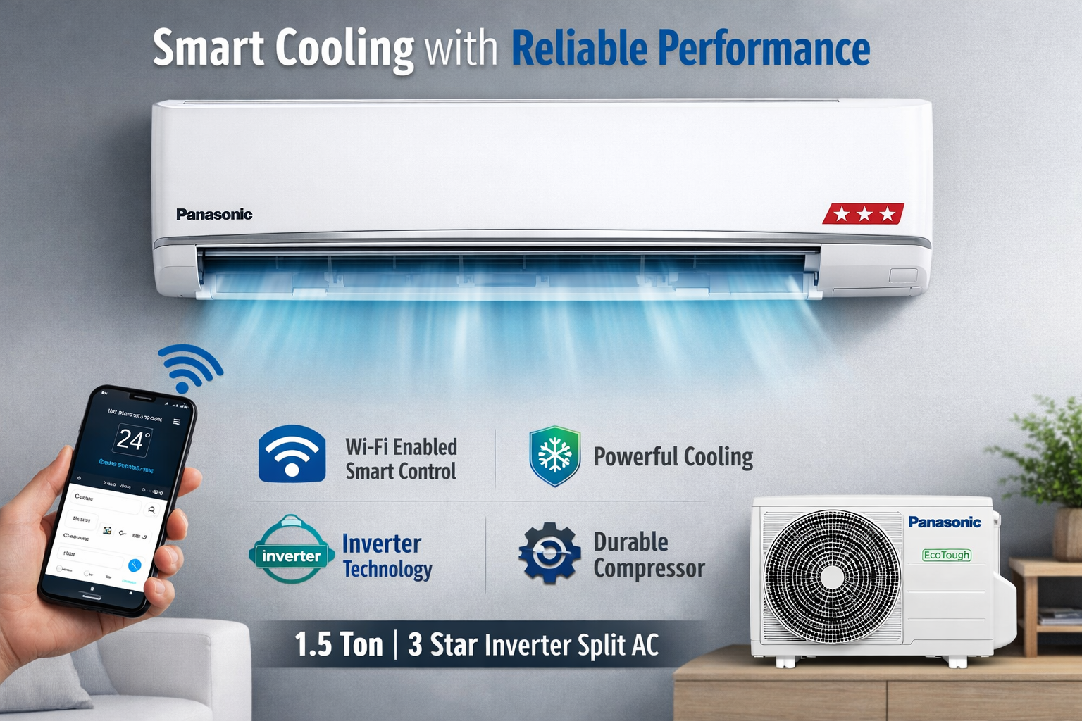 Panasonic 1.5 Ton 3 Star Premium Wi-Fi Inverter Smart Split AC CS/CU-SU18BKY3W indoor unit with smart cooling and PM 0.1 filter