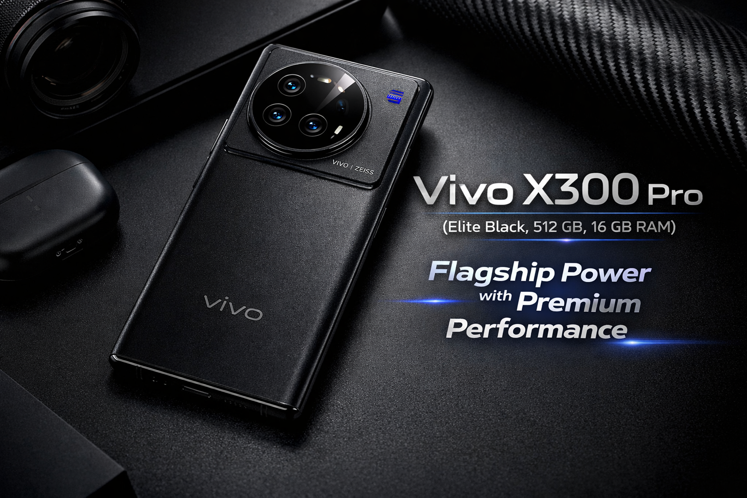 Vivo X300 Pro Elite Black smartphone showing sleek design with 200MP camera setup, AMOLED display and premium flagship build quality