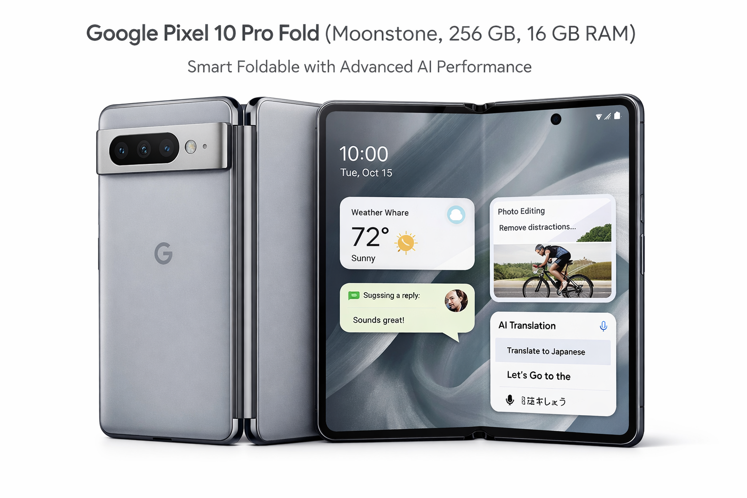 Google Pixel 10 Pro Fold Moonstone showing foldable design with large inner display, dual screens and premium build with advanced AI camera features